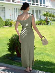 Andrea Bello 女式不对称领口结肩优雅连衣裙，夏季 - 軍綠色 - 查看 2