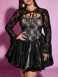 Viva Relle Plus Size Elegant Lace Patchwork Tie-Up Dress - Black - View 3