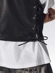 ROMWE MEN Street Life Men's Street Dark Punk Style Leather Vest - Black - View 7