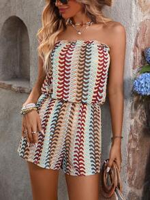 Swim Vcay Women's Summer Beach Ruffled Textured Striped Lace Print Romper - Khaki - View 6