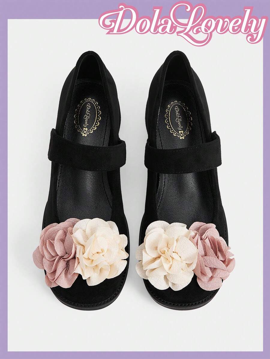 Dola Lovely Zapatos Mary Jane de tacón grueso de ante negro con estampado floral retro y lindo, adecuados para Halloween, Navidad y Acción de Gracias - Negro - Ver 1