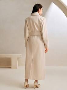 Anewsta 女士简约时尚杏色长款翻领大衣，配腰带，新年装扮 - 杏色 - 查看 2