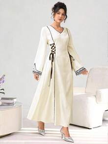 SHEIN Najma Đầm hoa tay dài cổ chữ V thanh lịch, màu tương phản, thắt eo cho nữ - Màu be - Xem 5