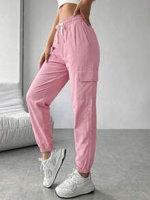 Mujer Pantalón Casual Cargo Bolsillos Grandes Tela Suave Color Liso Ajuste Holgado Cintura Elástica Largo Primavera Otoño Invierno Diario Pantalón - Rosa - Ver 2