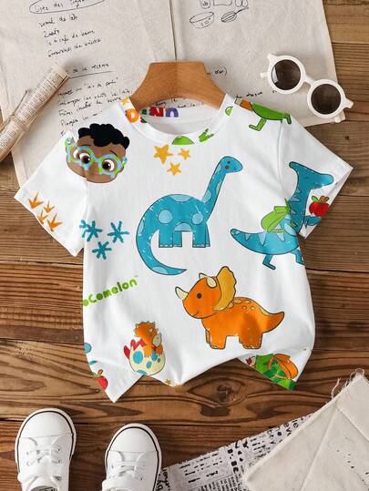 CoComelon X SHEIN Baby Boy Casual Cute Dinosaur Print Round Neck Short Sleeve Top, Summer