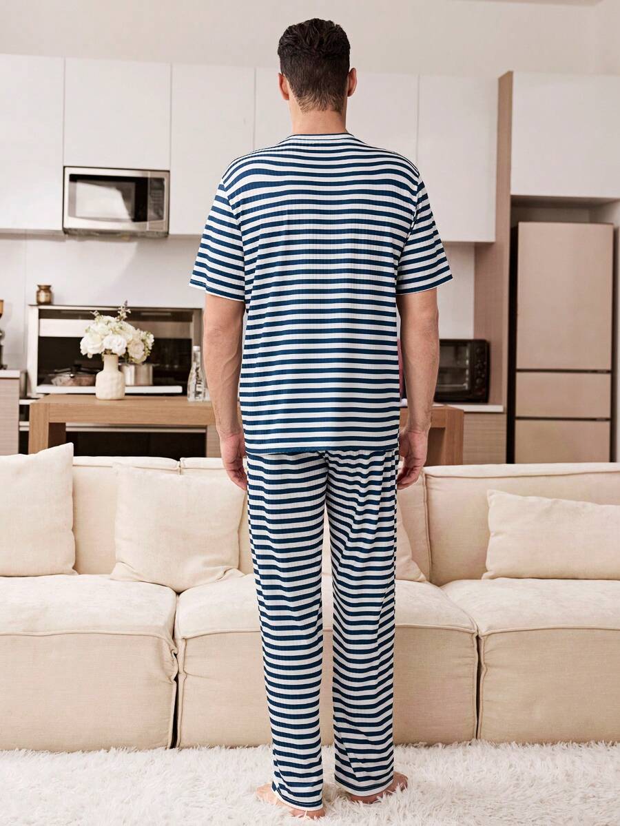 CoupledUp 2pcs Men Striped Round Neck Short Sleeve T-Shirt And Pants Set, Casual Loungewear - Blue and White - View 1