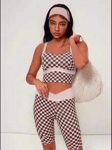 WanderVale 2pcs Women Contrast Color Checkered Yoga Sports Bra And Shorts Set - Multicolor - View 1