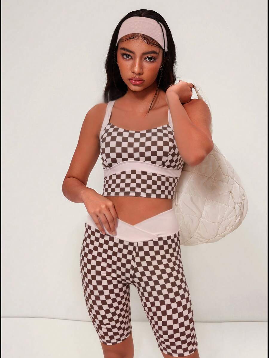 WanderVale 2pcs Women Contrast Color Checkered Yoga Sports Bra And Shorts Set - Multicolor - View 1
