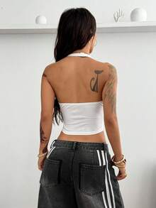 Coolane 女士夏季嘉年华音乐会 Y2K 街头风运动休闲透气网眼印花数字图案白色摆领修身露背短款上衣 - 白色 - 查看 6