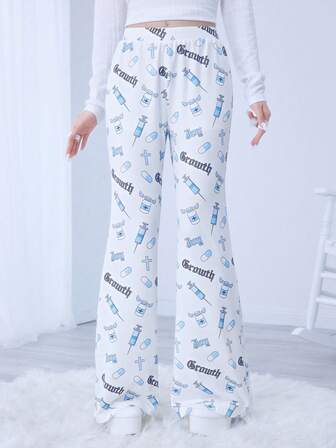 Kawaii Pantalones casuales de mujer con estampado de cruz de píldora médica de la subcultura Yandere