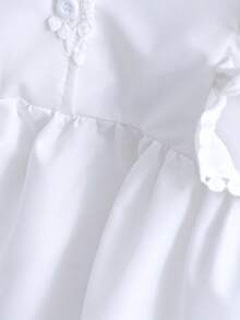 SHEIN 休闲简约清新风格白色编织花卉蕾丝边长袖衬衫，适合少女外出、通勤、旅行和其他日常场合。 - 白色 - 查看 5