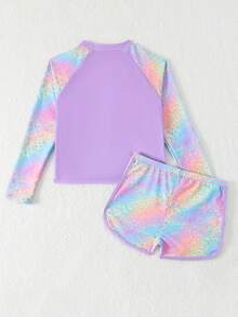 SHEIN Tween Girls Mermaid Purple Rash Guard Set,Cute Summer Beach Holiday Swimwear,Long Sleeve Surf Swimsuit,Spaghetti Strap Tankini Bikini 3pcs Swim Suite - Purple - View 3