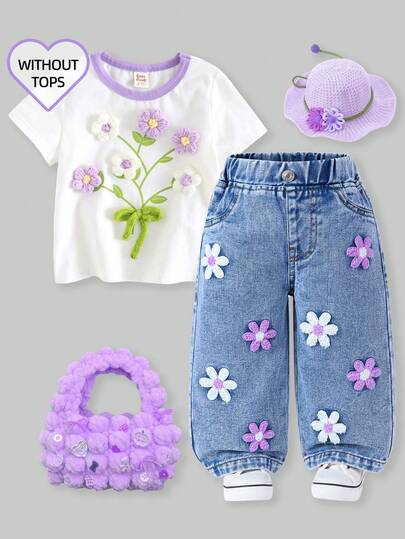 Baby Girl Fashionable Snowflower Washed Floral Flocked Denim Pants