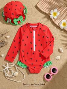 Cozy Pixies 2pcs/Set Traje de baño de una pieza con estampado de fresa, bloques de color, volantes, ajuste ceñido, alta elasticidad y cremallera para niña bebé & Sombrero versátil de protección solar, adecuado para vacaciones en la playa - Rojo - Ver 1