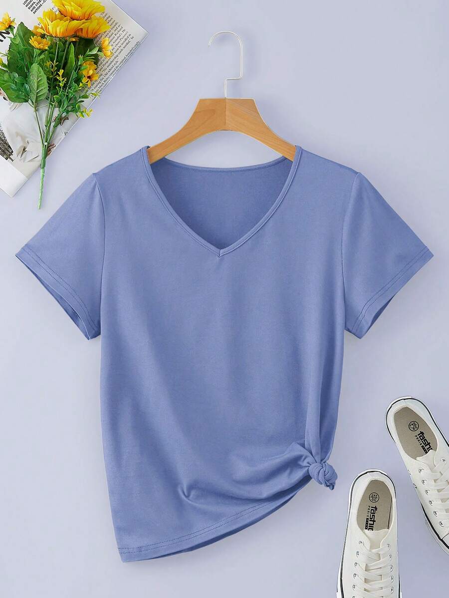INAWLY 纯色 V 领 T 恤 - 霧霾藍 - 查看 1