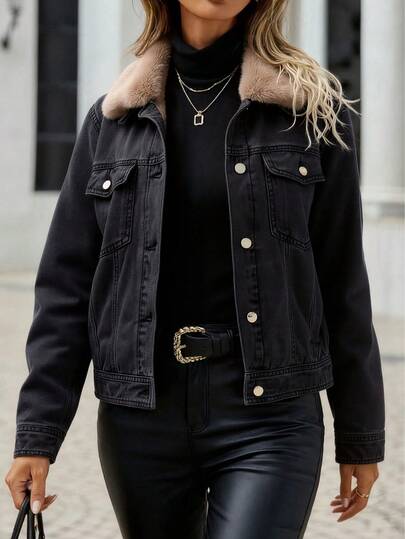 Chaqueta vaquera - tres estilos, chaqueta vaquera con borlas de cadena plateada a ambos lados de la cremallera, chaqueta vaquera con cuello de peluche blanco empalmada en el escote