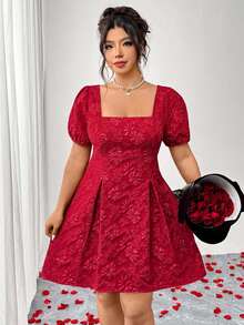 SHEIN PETITE CURVE Đầm Jacquard cỡ lớn lãng mạn, thích hợp cho các buổi hẹn hò, ngày Valentine, các dịp lễ, đa năng và thời trang cho trang phục hàng ngày. - Đỏ - Xem 4