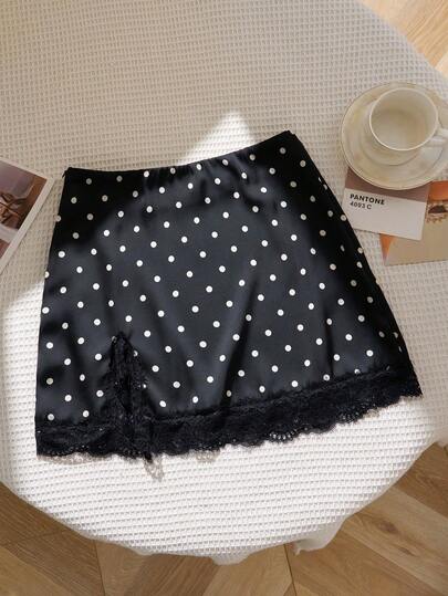 Sweetra French Classic Elegant Autumn/Winter New Polka Dot Design Hem Splice Sexy Lace Decor Valentine's Day High-End Party Series Women Skirt
