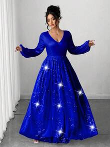 Elenzga Plus Size Women's Elegant Party Dress, V-Neck Sequin Mesh Patchwork Flared Hem Waist Cinched Solid Color Long Sleeve Evening Dress Royal Blue Shimmer Royal Blue Dress Plus Size Evening Gown Evening Gown Plus Size Royal Blue Dress Sequin Dress