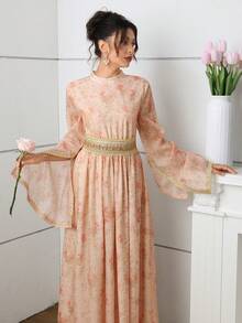 Al Najma 优雅立领系带喇叭袖连衣裙，春夏款 - 彩色 - 查看 8