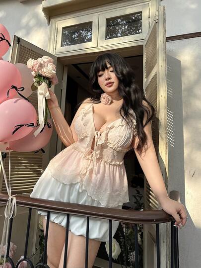 CovetEZ Valentine Plus Size Women Pink Top, Pink Camisole, Pink Lace Blouse, Sweet & Romantic, Suitable For Spring, Summer, Autumn, Winter, Also Suitable For Christmas Party, Vacation, Home, Street And Beach Casual Wear. Pink Ruffle Tie Strap Lace Camisole, Cute Summer Top, Bohemian Style Blouse, Adorable Summer Shirt. Babydoll Tops Fairy Top Lolita Top