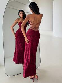 Aloruh 酒红色镂空针织高领修身连衣裙，安哥拉红情人节连衣裙 - 酒紅色 - 查看 6