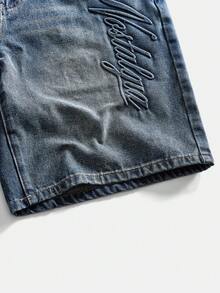 ROMWE MEN 男士夏季百搭牛仔短裤，带腰带环 - 藍色 - 查看 7