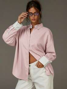 Athîral 女士休闲通勤条纹前开襟长袖衬衫，秋季款 - 淺粉色 - 查看 2