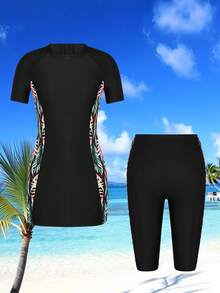 Swim Mulvari 女士高端时尚热带印花吊带泳衣，适合海滩度假和夏季穿着 - 黑色 - 查看 5