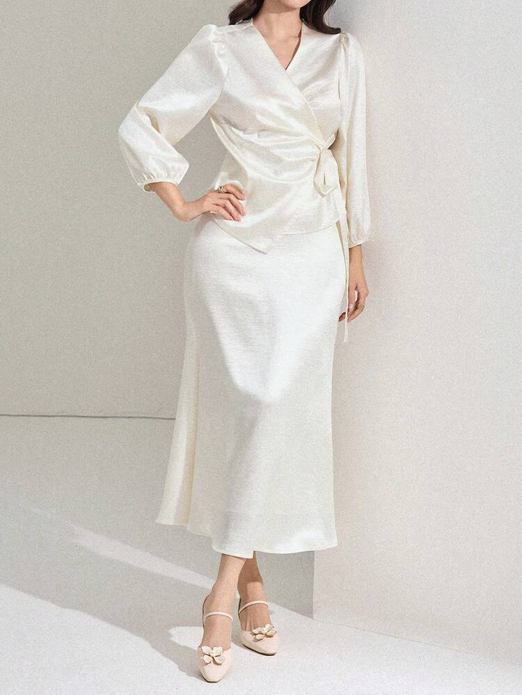 Women's Elegant Commuter Solid Color Tie Wrap Blouse & Fishtail Skirt Suit