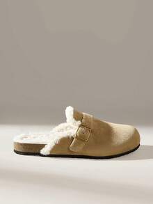 Solecia Zapatos planos de mujer tipo mula con media cobertura, hechos de material de ante con forro de piel sintética, cálidos y cómodos, adecuados para salir, ir de compras, ir al trabajo y uso casual. - Marrón - Ver 1