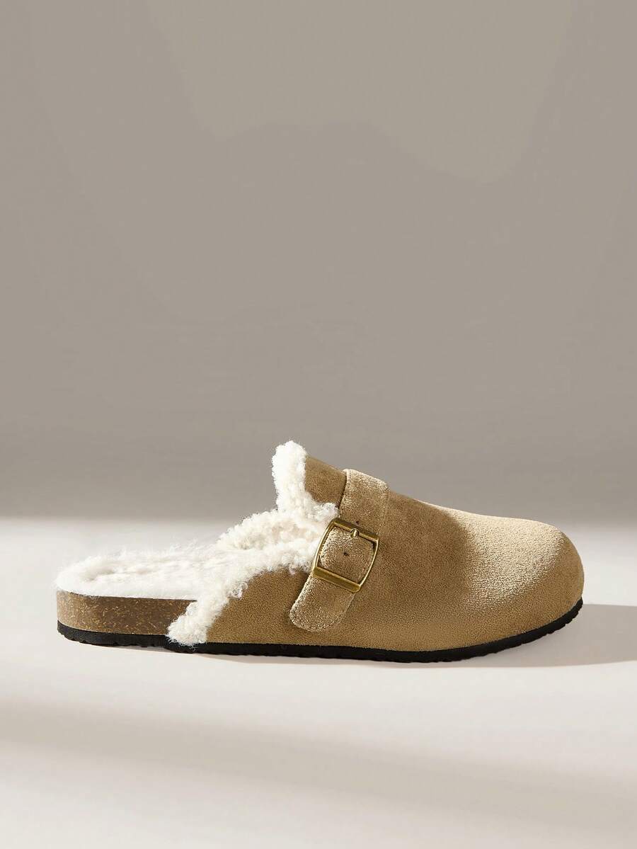 Solecia Zapatos planos de mujer tipo mula con media cobertura, hechos de material de ante con forro de piel sintética, cálidos y cómodos, adecuados para salir, ir de compras, ir al trabajo y uso casual. - Marrón - Ver 1