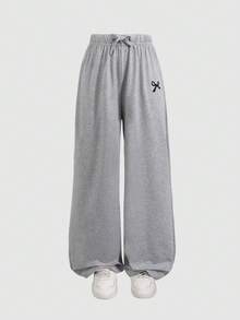 Girls' Casual Lace Patchwork Camisole And Wide Leg Pants Set, Lightweight Knit Fitted Tank Top And Straight Leg Trousers Outfit, Light Gray - Light Grey - View 4