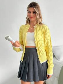 SHEIN Butter Yellow Cardigan With Cable And Embroidery - Light Yellow - View 5