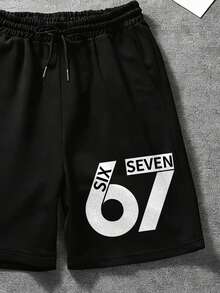 Manfinity Dauomo Quần short thể thao nam mùa hè, kiểu dáng thường ngày, có dây rút ở eo và họa tiết chữ số & chữ cái. - màu đen - Xem 3