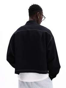 SUMWON 宽松长袖纽扣衬衫，撞色缝线，胸前口袋，适合日常休闲穿着，纯色 - 黑色 - 查看 6