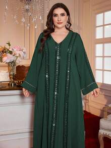 Al Najma Đầm đơn giản thanh lịch kiểu Ả Rập Trung Đông dành cho nữ cỡ lớn, đính cườm và thêu ở gấu váy. - Màu xanh lá cây đậm - Xem 3