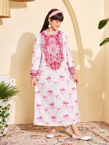 White And Red Girls Modest Dress,Arabic Pattern Woven Fabric Classic Vintage Elegant Fashionable Dress With Bag - Multicolor - View 6
