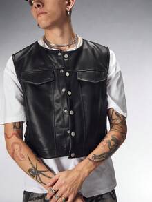 ROMWE MEN Street Life Men's Street Dark Punk Style Leather Vest - Black - View 6