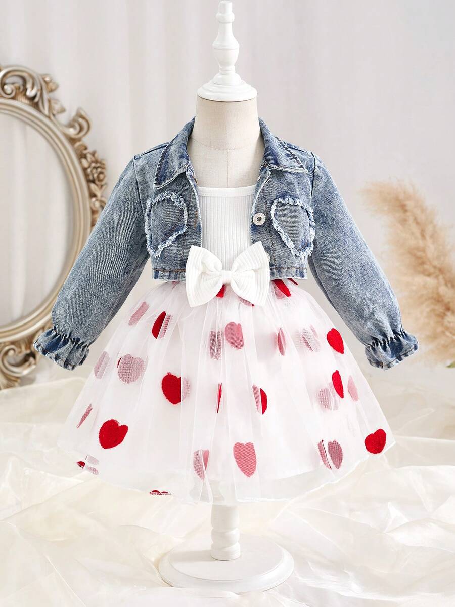 SHEIN Baby Girls 2 Pieces Set, Fashionable & Cute Heart Embroidered Denim Jacket + Matching Outfit, Versatile For Spring & Summer - White - View 1