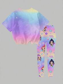 一套少女休闲时尚创意可爱动漫风扎染渐变韩流女团 NOVA BEAT 字母印花短袖T恤和打底裤套装，适合外出、聚会、运动和上学，春夏款 - 彩色 - 查看 2