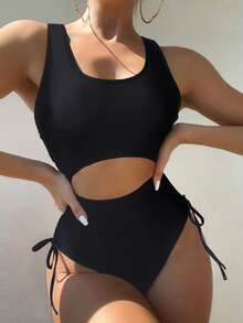 SHEIN Swim Summer Beach Cut Out Drawstring Side One Piece Swimsuit - Black - View 1