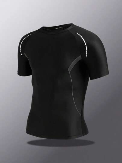 SHEIN Tonårspojkar, matchande, enfärgade svarta träningskläder med åtsittande passform, kontrastfärgad tryckdekor, avslappnad, sportig, bekväm och mångsidig, lämplig för vardagsbruk, skola, utomhus, träning