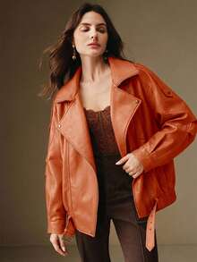 Anewsta Women's Casual Fashion Street Chic PU Leather Lapel Zip-Up Riding Jacket, Autumn - Orange - View 4