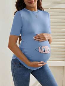 SHEIN Maternity Cartoon Print Round Neck Casual Short Sleeve T-Shirt - Blue - View 6