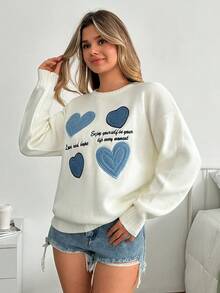 SHEIN SWEATER WITH DENIM HEART APPLIQUE EMBOIDERY - White - View 4