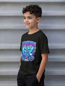 Playera para niño estilo urbano con estampado de números caricatura algodón suave corte holgado manga corta verano uso escolar y al aire libre playera - Negro - Ver 2