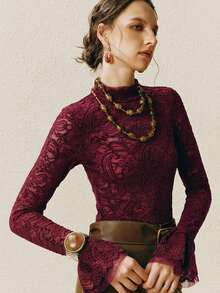 Arave 女士天鹅绒蕾丝撞色网纱双层喇叭袖口修身优雅绿色长袖打底衫，秋季女装 - 紅色 - 查看 7
