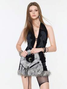 ROMWE Grunge Punk Bolsos de hombro para mujer estilo años 2000, bolsos de motociclista con remaches punk, bolsos de piel, carteras de otoño e invierno, bolsos hobo (patrón aleatorio) - Blanco y Negro - Ver 3