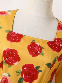 SHEIN Teen GirlRose Print Dress, Square Neck Design, Sweet Flare Sleeves, Flowy Skirt Decor, Suitable For Vacation, Outings And All-Year-Round Wear - Yellow - View 4